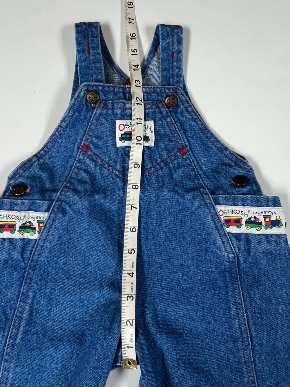 Vintage OshKosh Boys Vestbak Denim Bubble Overalls Trains 18M 90’s